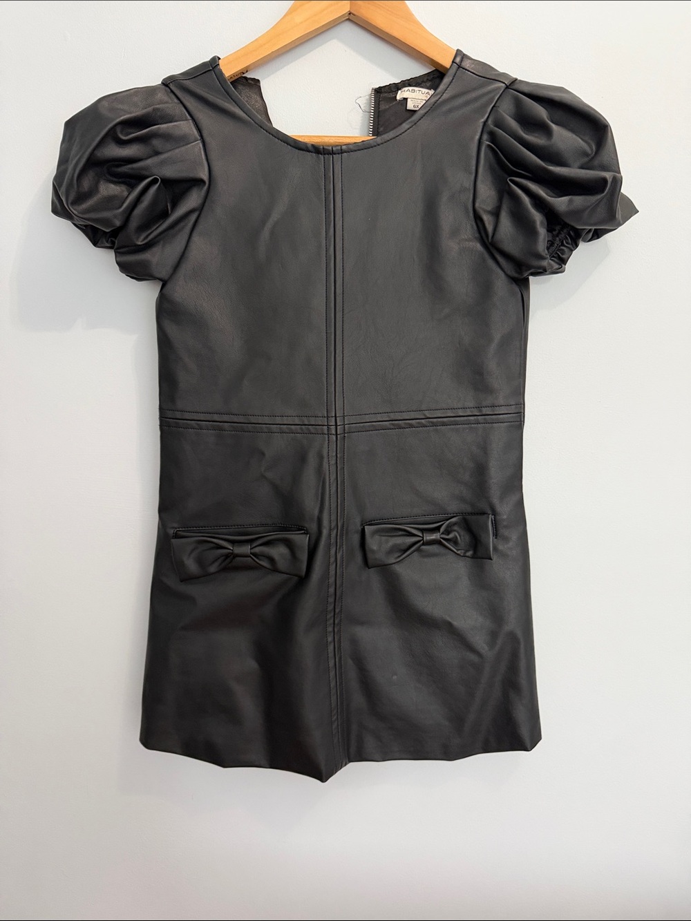 Habitual Black Faux Leather Puff Sleeve Dress with Pocket Bows